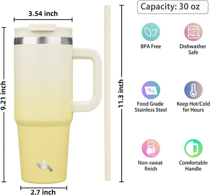 30 oz Insulated Tumbler Water Bottle with Handle, Straw Lid | BPA-free and dishwasher safe; made for gym, travel, coffee and gifting, 2 straws, cup holder friendly,Lemon