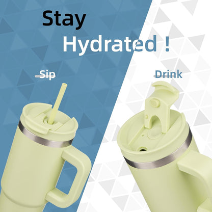 30 oz Insulated Tumbler Water Bottle with Handle, Straw Lid | BPA-free and dishwasher safe; made for gym, travel, coffee and gifting, 2 straws, cup holder friendly,Lemon