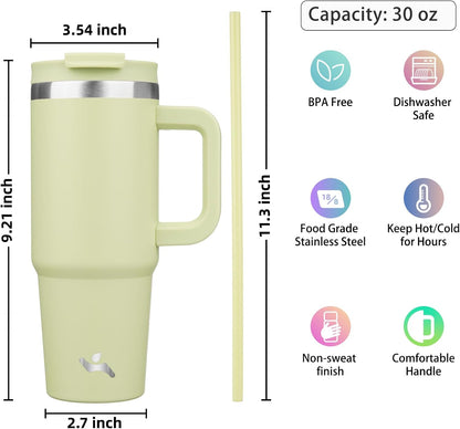 30 oz Insulated Tumbler Water Bottle with Handle, Straw Lid | BPA-free and dishwasher safe; made for gym, travel, coffee and gifting, 2 straws, cup holder friendly,Lemon