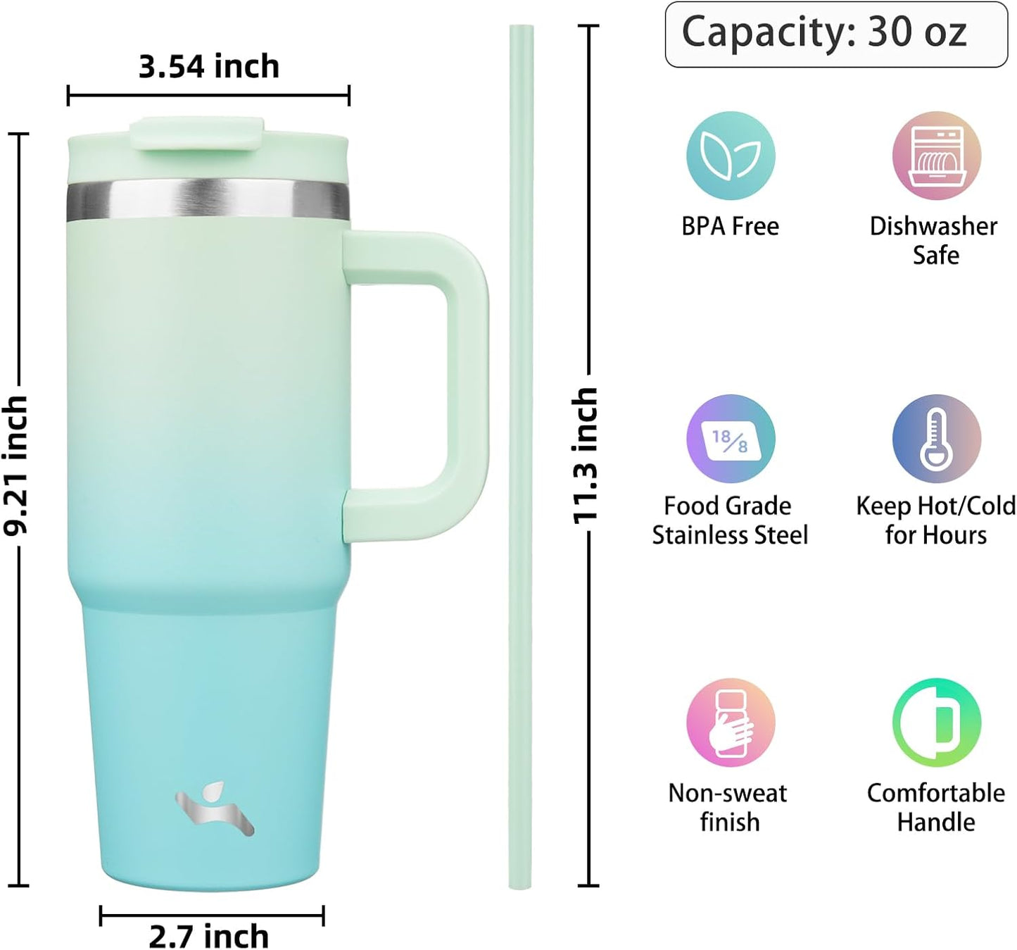 30 oz Insulated Tumbler Water Bottle with Handle, Straw Lid | BPA-free and dishwasher safe; made for gym, travel, coffee and gifting, 2 straws, cup holder friendly,Lemon