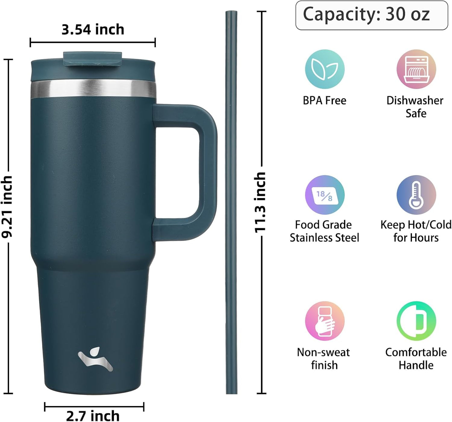 30 oz Insulated Tumbler Water Bottle with Handle, Straw Lid | BPA-free and dishwasher safe; made for gym, travel, coffee and gifting, 2 straws, cup holder friendly,Lemon