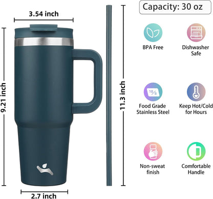 30 oz Insulated Tumbler Water Bottle with Handle, Straw Lid | BPA-free and dishwasher safe; made for gym, travel, coffee and gifting, 2 straws, cup holder friendly,Lemon