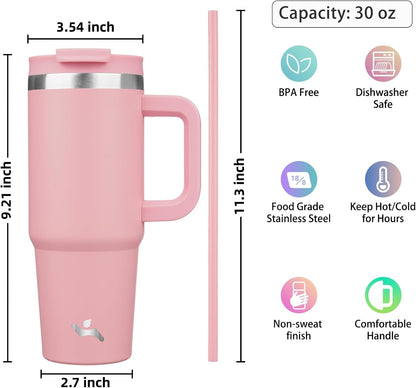 30 oz Insulated Tumbler Water Bottle with Handle, Straw Lid | BPA-free and dishwasher safe; made for gym, travel, coffee and gifting, 2 straws, cup holder friendly,Lemon