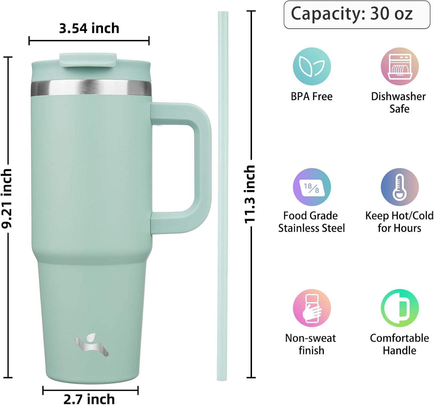 30 oz Insulated Tumbler Water Bottle with Handle, Straw Lid | BPA-free and dishwasher safe; made for gym, travel, coffee and gifting, 2 straws, cup holder friendly,Lemon