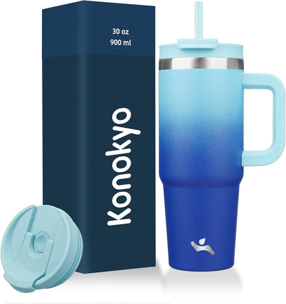 30 oz Insulated Tumbler Water Bottle with Handle, Straw Lid | BPA-free and dishwasher safe; made for gym, travel, coffee and gifting, 2 straws, cup holder friendly,Lemon