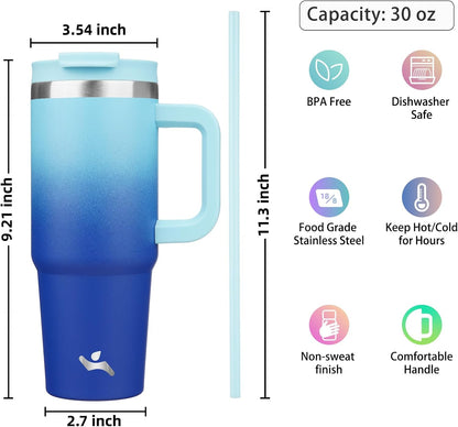 30 oz Insulated Tumbler Water Bottle with Handle, Straw Lid | BPA-free and dishwasher safe; made for gym, travel, coffee and gifting, 2 straws, cup holder friendly,Lemon
