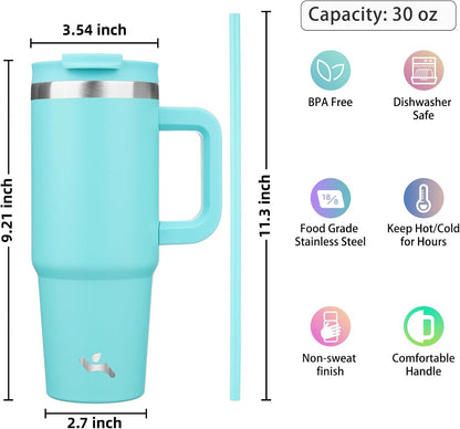 30 oz Insulated Tumbler Water Bottle with Handle, Straw Lid | BPA-free and dishwasher safe; made for gym, travel, coffee and gifting, 2 straws, cup holder friendly,Lemon