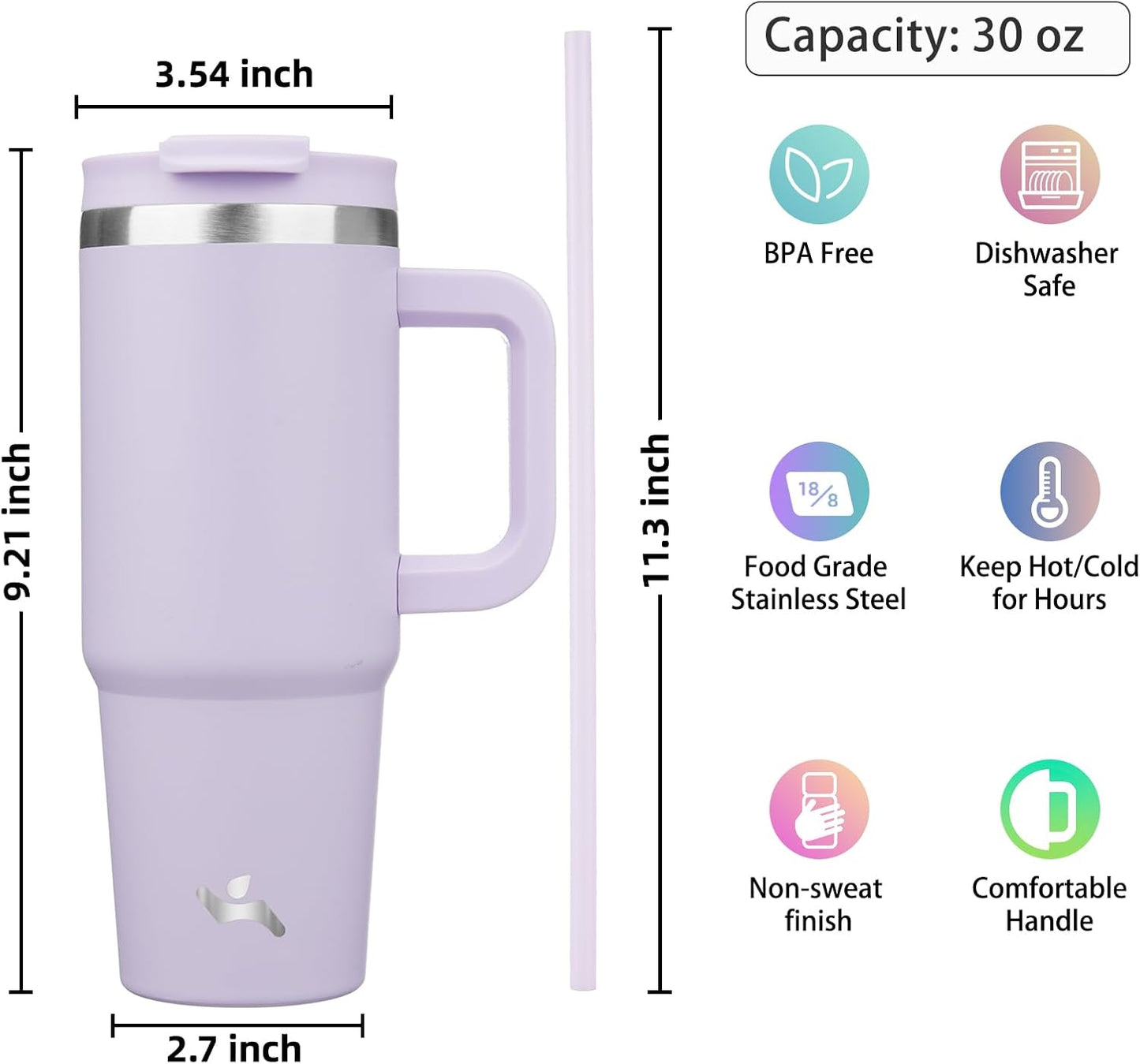 30 oz Insulated Tumbler Water Bottle with Handle, Straw Lid | BPA-free and dishwasher safe; made for gym, travel, coffee and gifting, 2 straws, cup holder friendly,Lemon