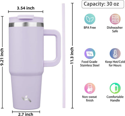 30 oz Insulated Tumbler Water Bottle with Handle, Straw Lid | BPA-free and dishwasher safe; made for gym, travel, coffee and gifting, 2 straws, cup holder friendly,Lemon