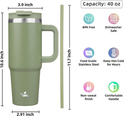 30 oz Insulated Tumbler Water Bottle with Handle, Straw Lid | BPA-free and dishwasher safe; made for gym, travel, coffee and gifting, 2 straws, cup holder friendly,Lemon