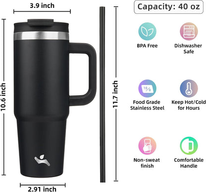 30 oz Insulated Tumbler Water Bottle with Handle, Straw Lid | BPA-free and dishwasher safe; made for gym, travel, coffee and gifting, 2 straws, cup holder friendly,Lemon
