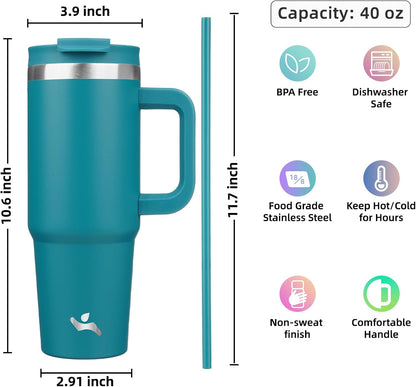 30 oz Insulated Tumbler Water Bottle with Handle, Straw Lid | BPA-free and dishwasher safe; made for gym, travel, coffee and gifting, 2 straws, cup holder friendly,Lemon