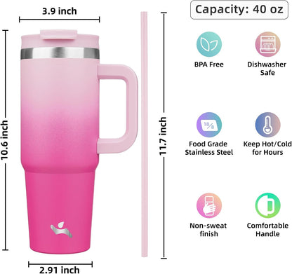 30 oz Insulated Tumbler Water Bottle with Handle, Straw Lid | BPA-free and dishwasher safe; made for gym, travel, coffee and gifting, 2 straws, cup holder friendly,Lemon