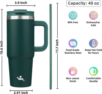 30 oz Insulated Tumbler Water Bottle with Handle, Straw Lid | BPA-free and dishwasher safe; made for gym, travel, coffee and gifting, 2 straws, cup holder friendly,Lemon