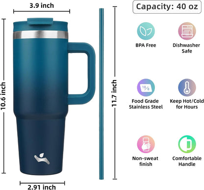 30 oz Insulated Tumbler Water Bottle with Handle, Straw Lid | BPA-free and dishwasher safe; made for gym, travel, coffee and gifting, 2 straws, cup holder friendly,Lemon