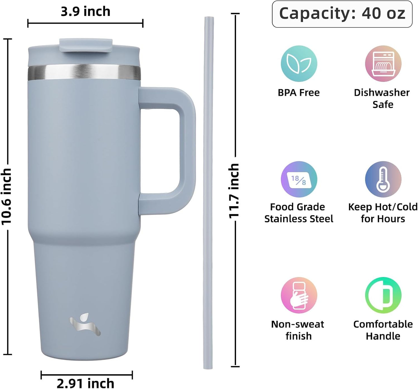 30 oz Insulated Tumbler Water Bottle with Handle, Straw Lid | BPA-free and dishwasher safe; made for gym, travel, coffee and gifting, 2 straws, cup holder friendly,Lemon
