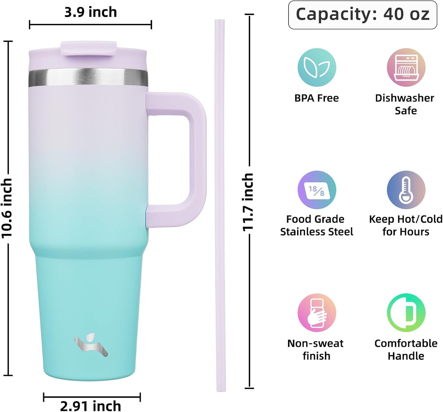 30 oz Insulated Tumbler Water Bottle with Handle, Straw Lid | BPA-free and dishwasher safe; made for gym, travel, coffee and gifting, 2 straws, cup holder friendly,Lemon