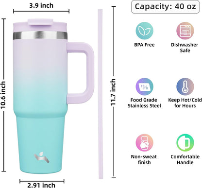 30 oz Insulated Tumbler Water Bottle with Handle, Straw Lid | BPA-free and dishwasher safe; made for gym, travel, coffee and gifting, 2 straws, cup holder friendly,Lemon