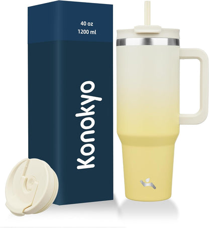 30 oz Insulated Tumbler Water Bottle with Handle, Straw Lid | BPA-free and dishwasher safe; made for gym, travel, coffee and gifting, 2 straws, cup holder friendly,Lemon