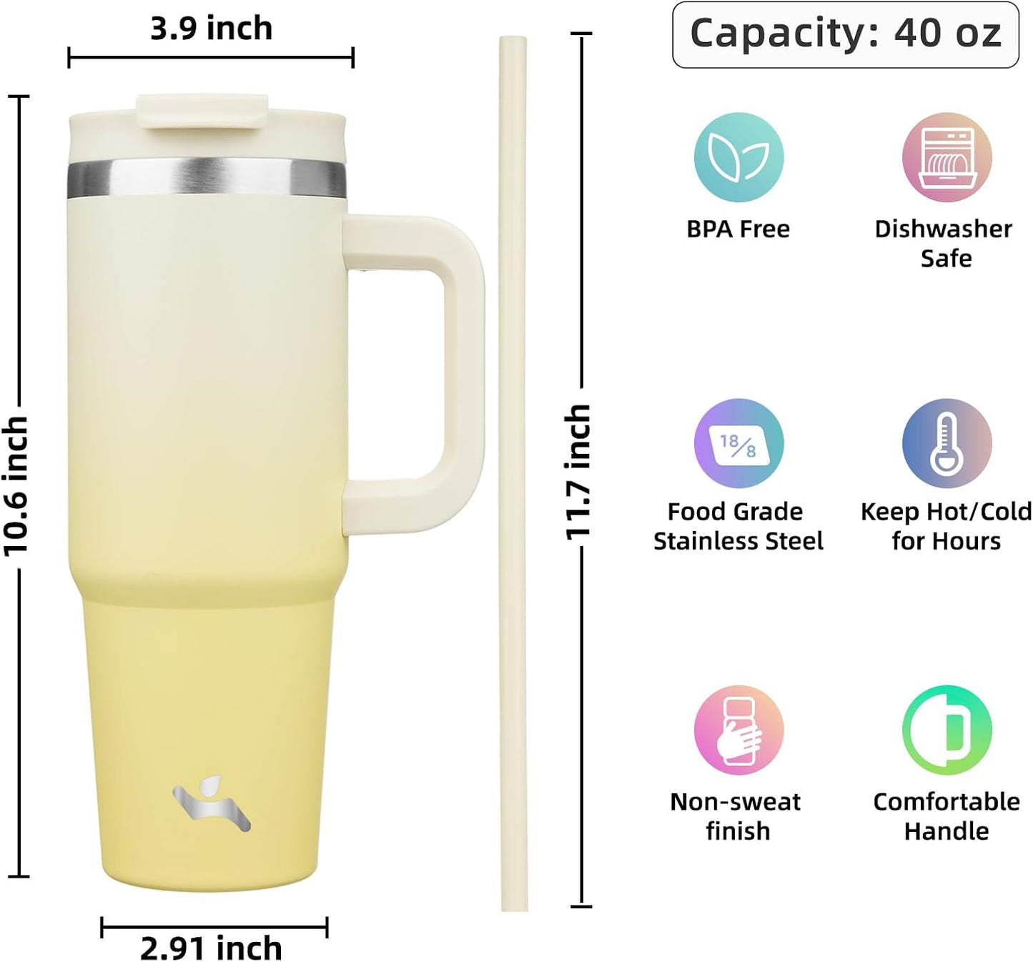 30 oz Insulated Tumbler Water Bottle with Handle, Straw Lid | BPA-free and dishwasher safe; made for gym, travel, coffee and gifting, 2 straws, cup holder friendly,Lemon