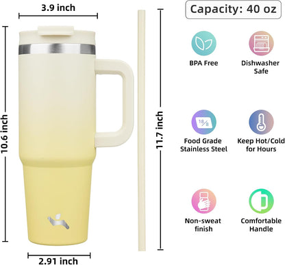 30 oz Insulated Tumbler Water Bottle with Handle, Straw Lid | BPA-free and dishwasher safe; made for gym, travel, coffee and gifting, 2 straws, cup holder friendly,Lemon