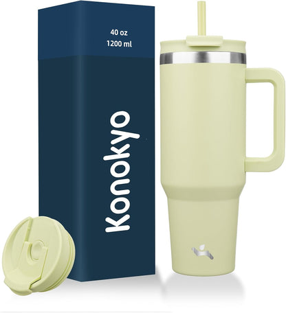 30 oz Insulated Tumbler Water Bottle with Handle, Straw Lid | BPA-free and dishwasher safe; made for gym, travel, coffee and gifting, 2 straws, cup holder friendly,Lemon