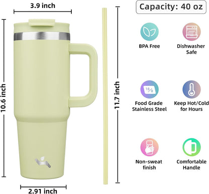 30 oz Insulated Tumbler Water Bottle with Handle, Straw Lid | BPA-free and dishwasher safe; made for gym, travel, coffee and gifting, 2 straws, cup holder friendly,Lemon