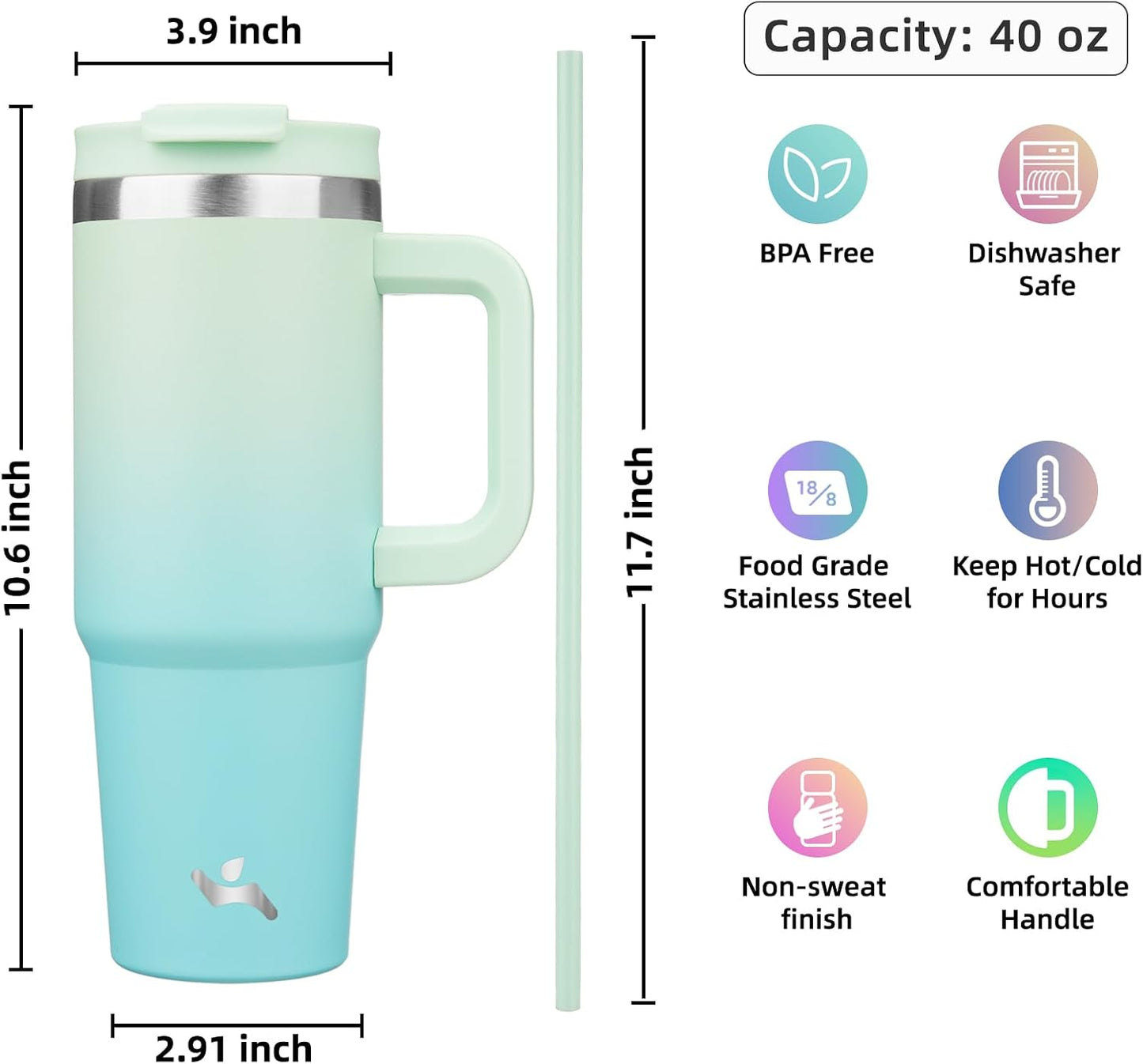 30 oz Insulated Tumbler Water Bottle with Handle, Straw Lid | BPA-free and dishwasher safe; made for gym, travel, coffee and gifting, 2 straws, cup holder friendly,Lemon