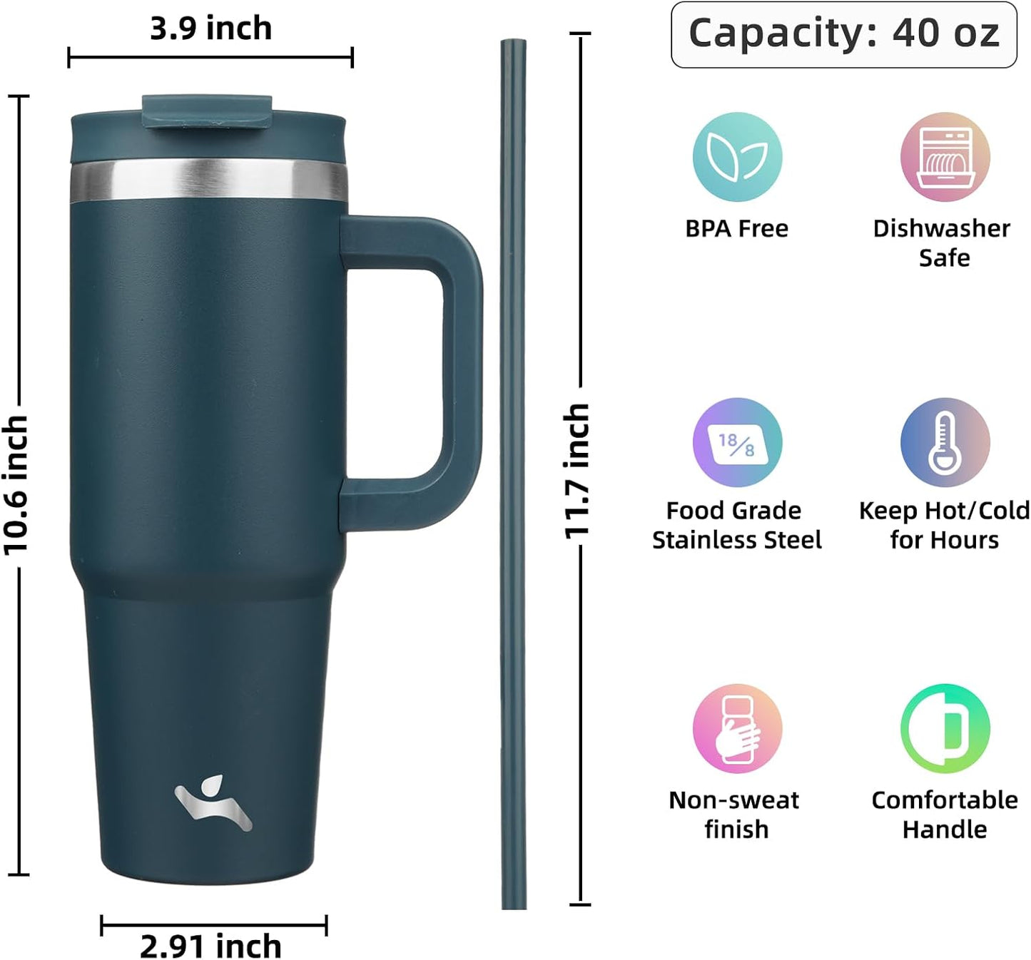 30 oz Insulated Tumbler Water Bottle with Handle, Straw Lid | BPA-free and dishwasher safe; made for gym, travel, coffee and gifting, 2 straws, cup holder friendly,Lemon