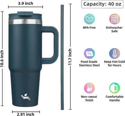 30 oz Insulated Tumbler Water Bottle with Handle, Straw Lid | BPA-free and dishwasher safe; made for gym, travel, coffee and gifting, 2 straws, cup holder friendly,Lemon