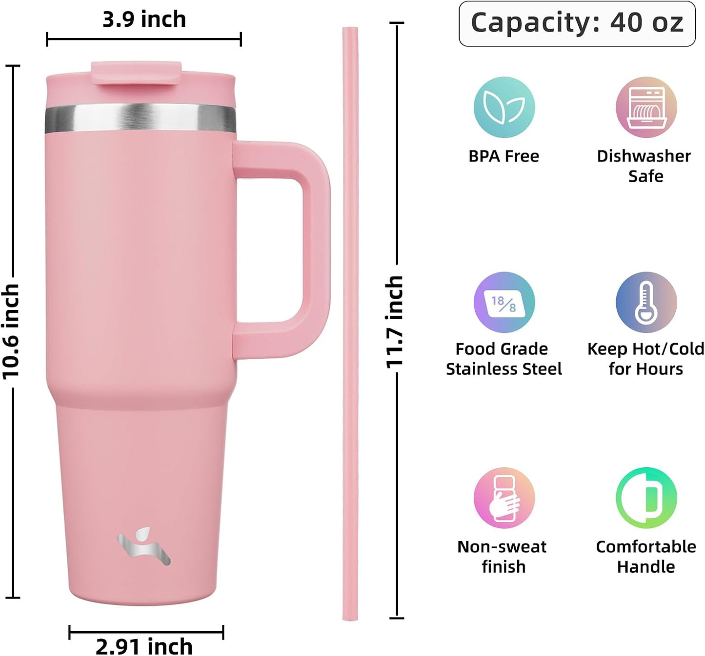 30 oz Insulated Tumbler Water Bottle with Handle, Straw Lid | BPA-free and dishwasher safe; made for gym, travel, coffee and gifting, 2 straws, cup holder friendly,Lemon