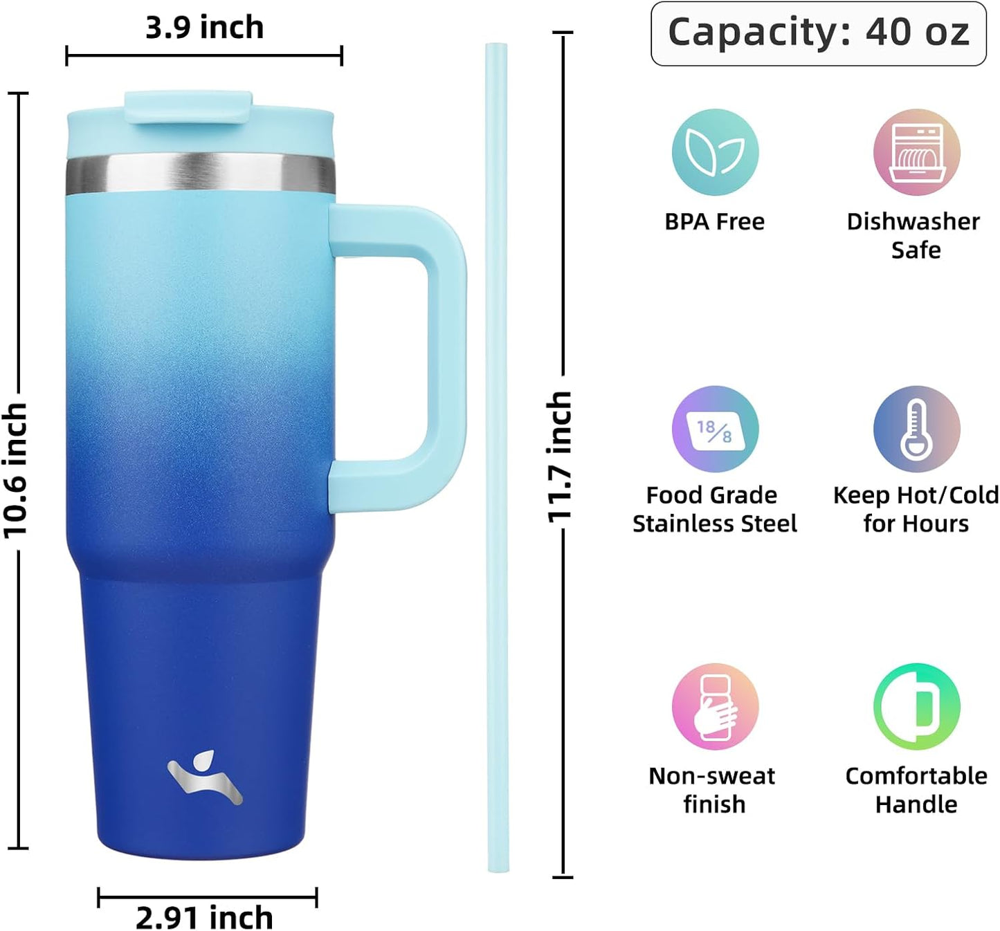 30 oz Insulated Tumbler Water Bottle with Handle, Straw Lid | BPA-free and dishwasher safe; made for gym, travel, coffee and gifting, 2 straws, cup holder friendly,Lemon