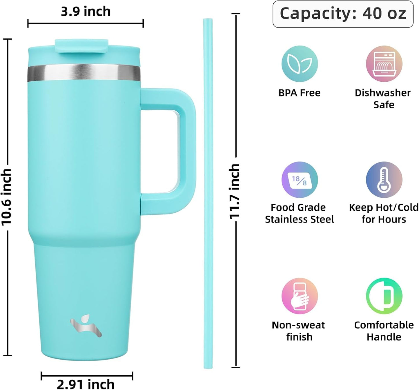 30 oz Insulated Tumbler Water Bottle with Handle, Straw Lid | BPA-free and dishwasher safe; made for gym, travel, coffee and gifting, 2 straws, cup holder friendly,Lemon