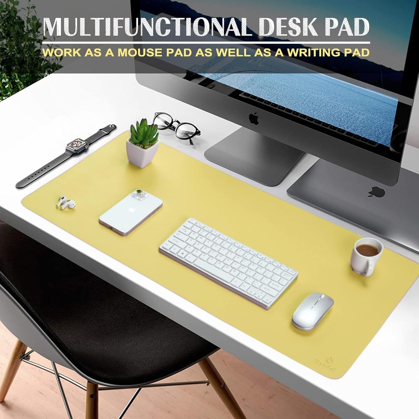 Large Office Leather Desk Mat, Mouse and Keyboard Pad, Computer and Laptop Mat, Desktop Protector and Cover, Writing Pad and Blotter (31.5"x15.7", Yellow)