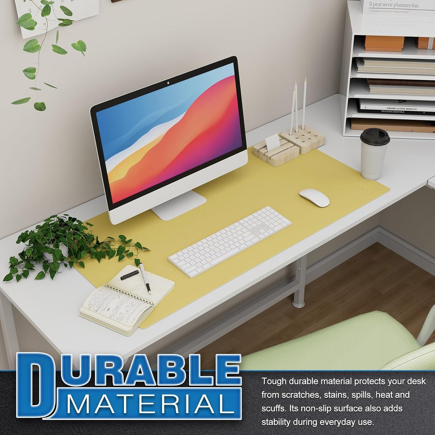 Large Office Leather Desk Mat, Mouse and Keyboard Pad, Computer and Laptop Mat, Desktop Protector and Cover, Writing Pad and Blotter (31.5"x15.7", Yellow)
