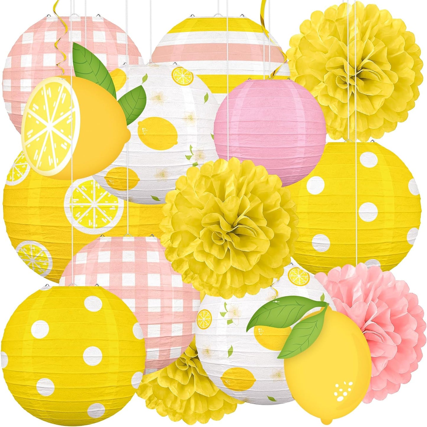 15PCS Summer Lemon Party Decorations Paper Lanterns Pom Poms Hanging Swirls Pink and Yellow Theme Lemonade Stand Italian Birthday Baby Shower Freshly Graduated Decor