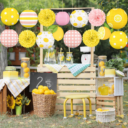 15PCS Summer Lemon Party Decorations Paper Lanterns Pom Poms Hanging Swirls Pink and Yellow Theme Lemonade Stand Italian Birthday Baby Shower Freshly Graduated Decor