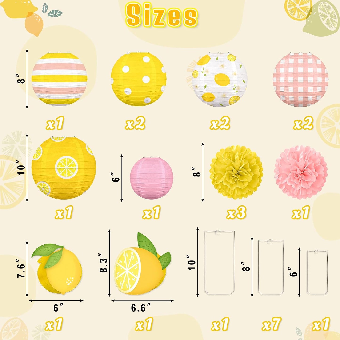 15PCS Summer Lemon Party Decorations Paper Lanterns Pom Poms Hanging Swirls Pink and Yellow Theme Lemonade Stand Italian Birthday Baby Shower Freshly Graduated Decor