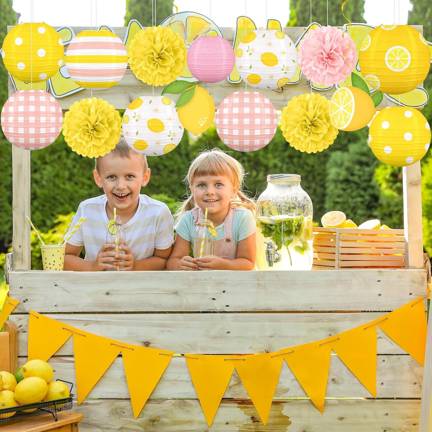15PCS Summer Lemon Party Decorations Paper Lanterns Pom Poms Hanging Swirls Pink and Yellow Theme Lemonade Stand Italian Birthday Baby Shower Freshly Graduated Decor