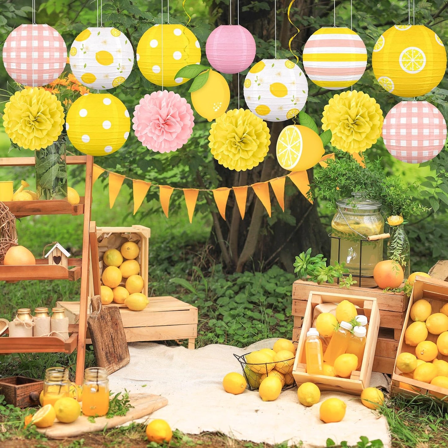 15PCS Summer Lemon Party Decorations Paper Lanterns Pom Poms Hanging Swirls Pink and Yellow Theme Lemonade Stand Italian Birthday Baby Shower Freshly Graduated Decor