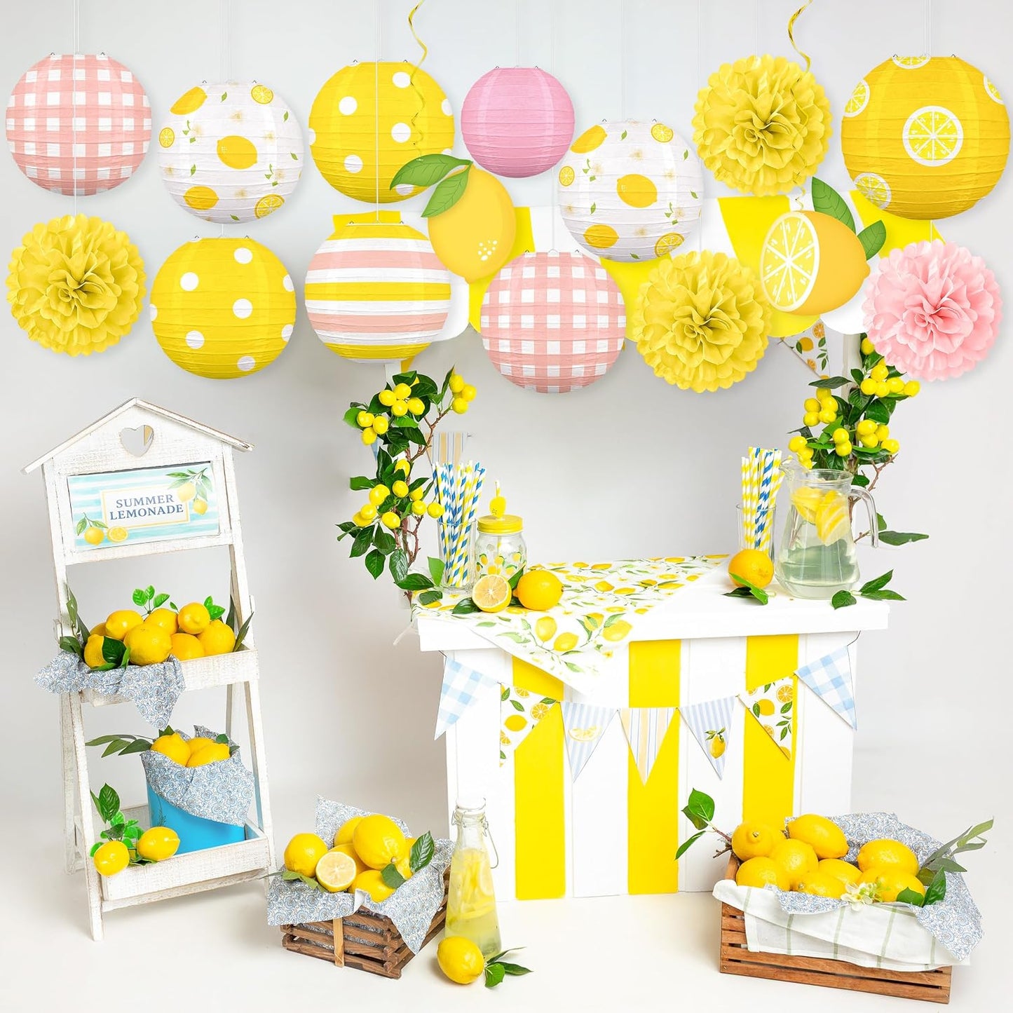 15PCS Summer Lemon Party Decorations Paper Lanterns Pom Poms Hanging Swirls Pink and Yellow Theme Lemonade Stand Italian Birthday Baby Shower Freshly Graduated Decor