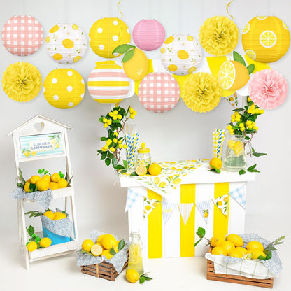 15PCS Summer Lemon Party Decorations Paper Lanterns Pom Poms Hanging Swirls Pink and Yellow Theme Lemonade Stand Italian Birthday Baby Shower Freshly Graduated Decor