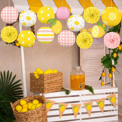 15PCS Summer Lemon Party Decorations Paper Lanterns Pom Poms Hanging Swirls Pink and Yellow Theme Lemonade Stand Italian Birthday Baby Shower Freshly Graduated Decor