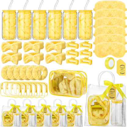 48 Pcs/6 Sets Baby Shower Prizes Winners Include Glass Cans Spa Headband Plush Sleep Eye Mask Hair Claw Clips Clear Cosmetic Bags Baby Shower Player Winner Gifts Bridal Game Gifts(Yellow)
