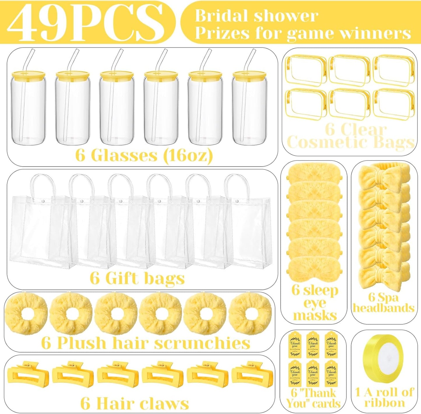 48 Pcs/6 Sets Baby Shower Prizes Winners Include Glass Cans Spa Headband Plush Sleep Eye Mask Hair Claw Clips Clear Cosmetic Bags Baby Shower Player Winner Gifts Bridal Game Gifts(Yellow)