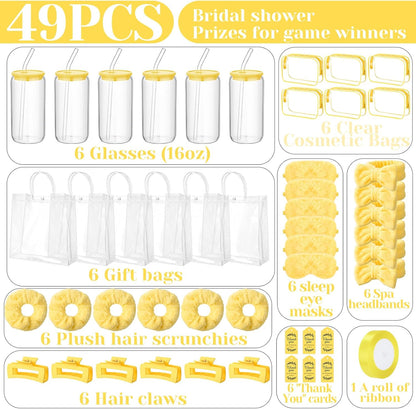 48 Pcs/6 Sets Baby Shower Prizes Winners Include Glass Cans Spa Headband Plush Sleep Eye Mask Hair Claw Clips Clear Cosmetic Bags Baby Shower Player Winner Gifts Bridal Game Gifts(Yellow)
