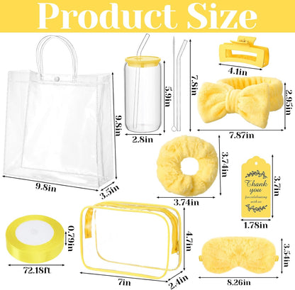 48 Pcs/6 Sets Baby Shower Prizes Winners Include Glass Cans Spa Headband Plush Sleep Eye Mask Hair Claw Clips Clear Cosmetic Bags Baby Shower Player Winner Gifts Bridal Game Gifts(Yellow)