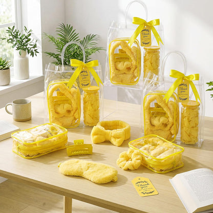 48 Pcs/6 Sets Baby Shower Prizes Winners Include Glass Cans Spa Headband Plush Sleep Eye Mask Hair Claw Clips Clear Cosmetic Bags Baby Shower Player Winner Gifts Bridal Game Gifts(Yellow)