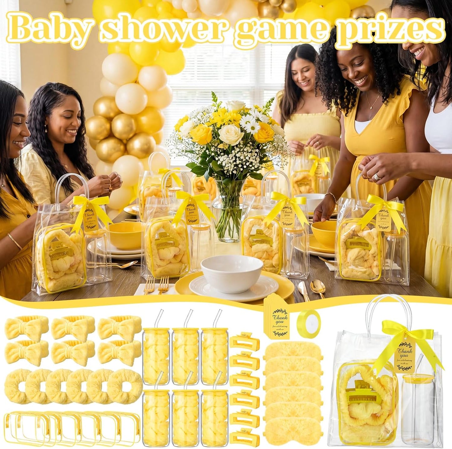 48 Pcs/6 Sets Baby Shower Prizes Winners Include Glass Cans Spa Headband Plush Sleep Eye Mask Hair Claw Clips Clear Cosmetic Bags Baby Shower Player Winner Gifts Bridal Game Gifts(Yellow)