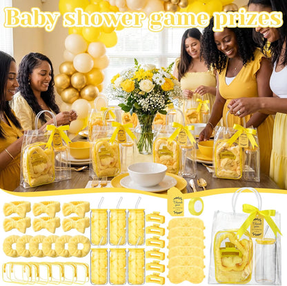 48 Pcs/6 Sets Baby Shower Prizes Winners Include Glass Cans Spa Headband Plush Sleep Eye Mask Hair Claw Clips Clear Cosmetic Bags Baby Shower Player Winner Gifts Bridal Game Gifts(Yellow)
